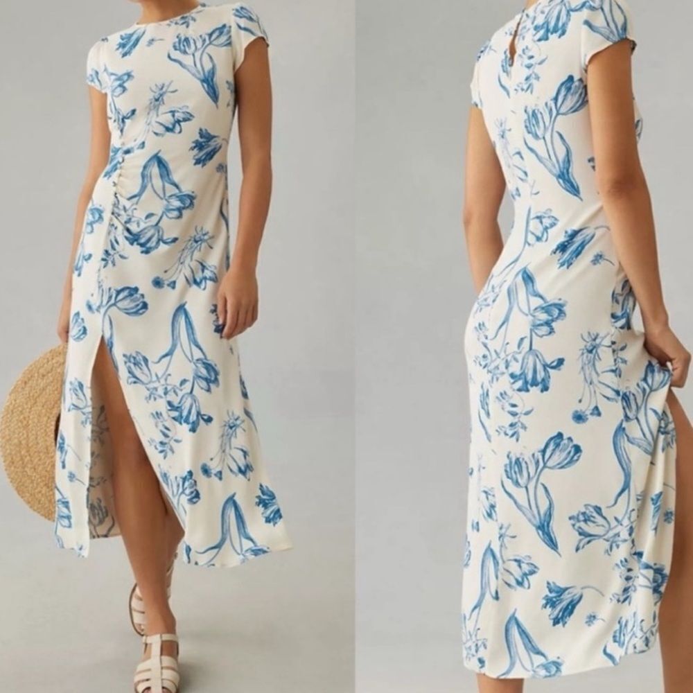 Reformation Frasier Short Sleeve Midi Dress in Lisse White Blue NEW  $248